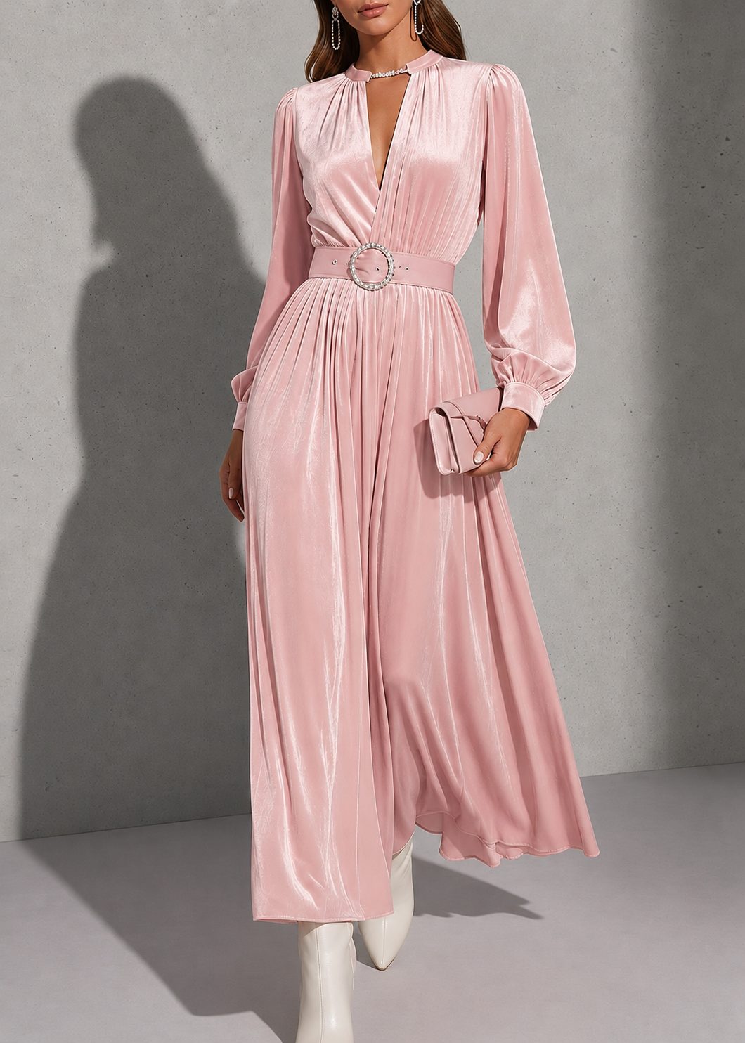 Belted Keyhole Maxi Dress with Long Sleeves for Women