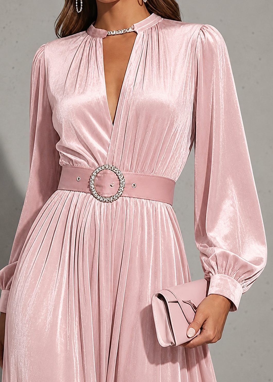 Belted Keyhole Maxi Dress with Long Sleeves for Women - View 3