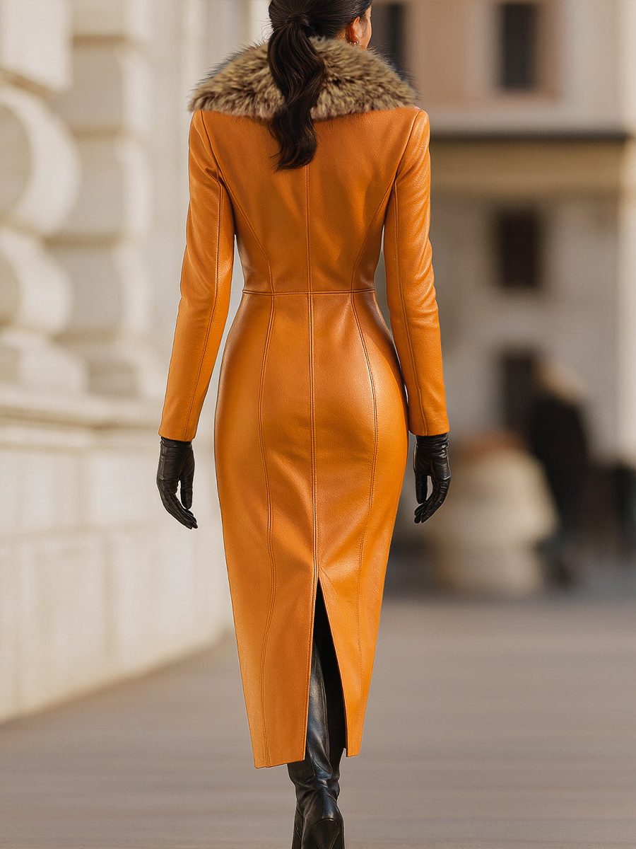 Belted Long Sleeve Faux Leather Maxi Dress with Fur Collar for Women