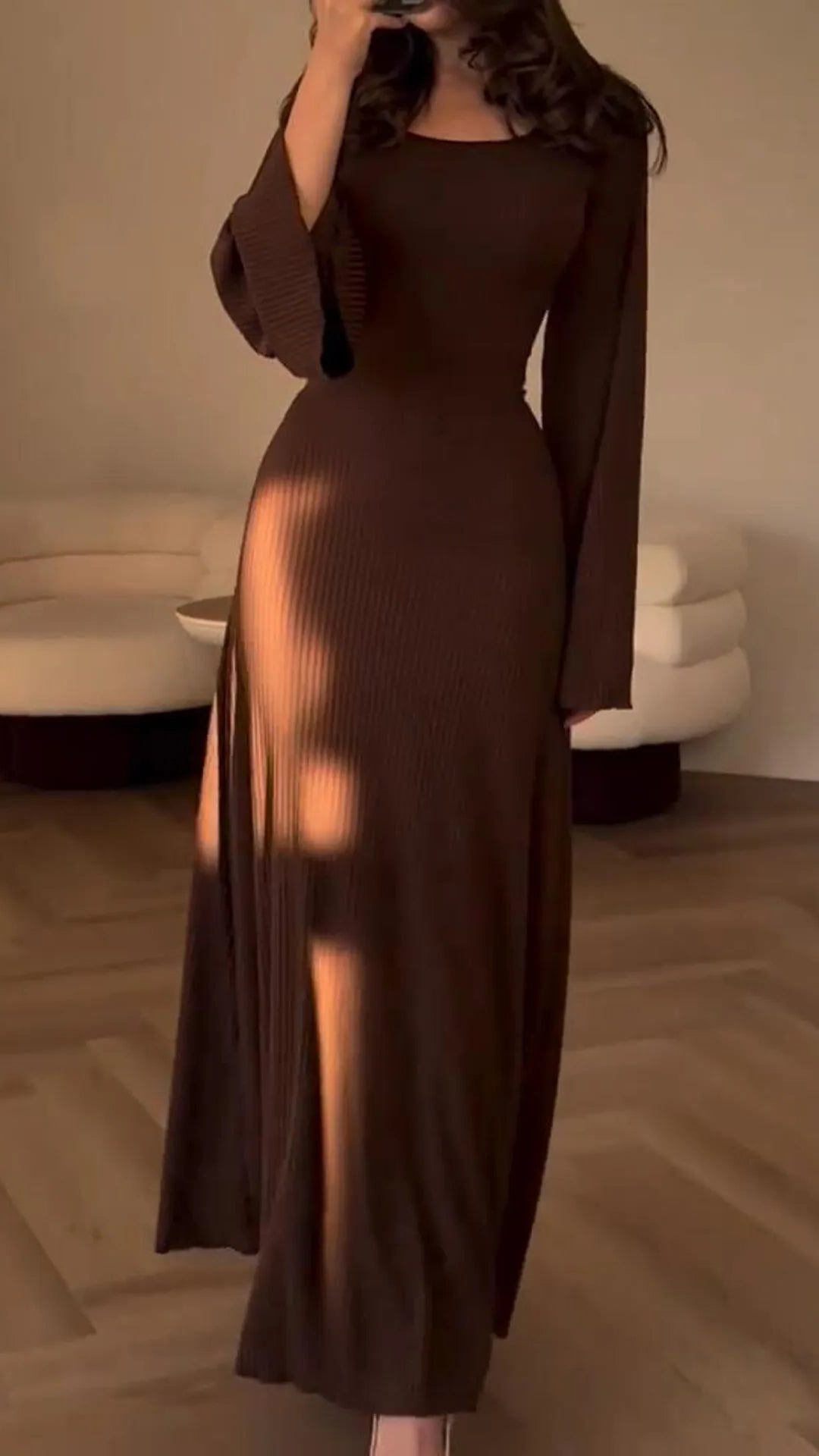 Belted Maxi Autumn Wedding Guest Dress for Women - Brown