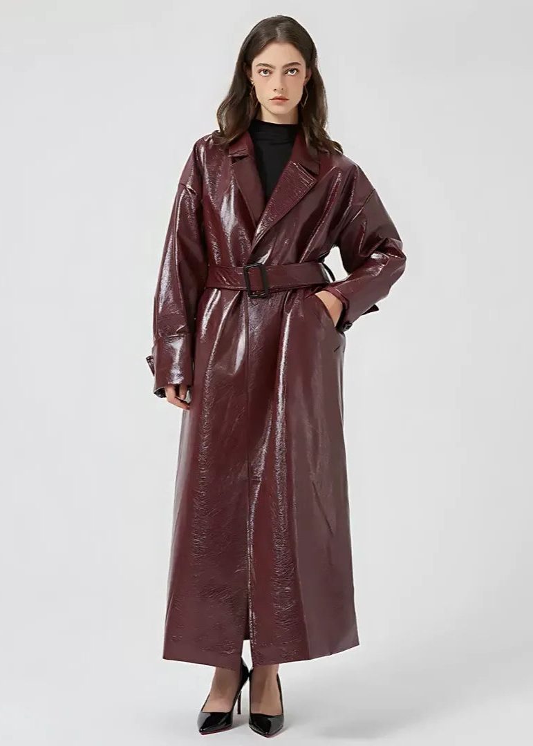 Belted Slim Fit Leather Trench Coat for Women