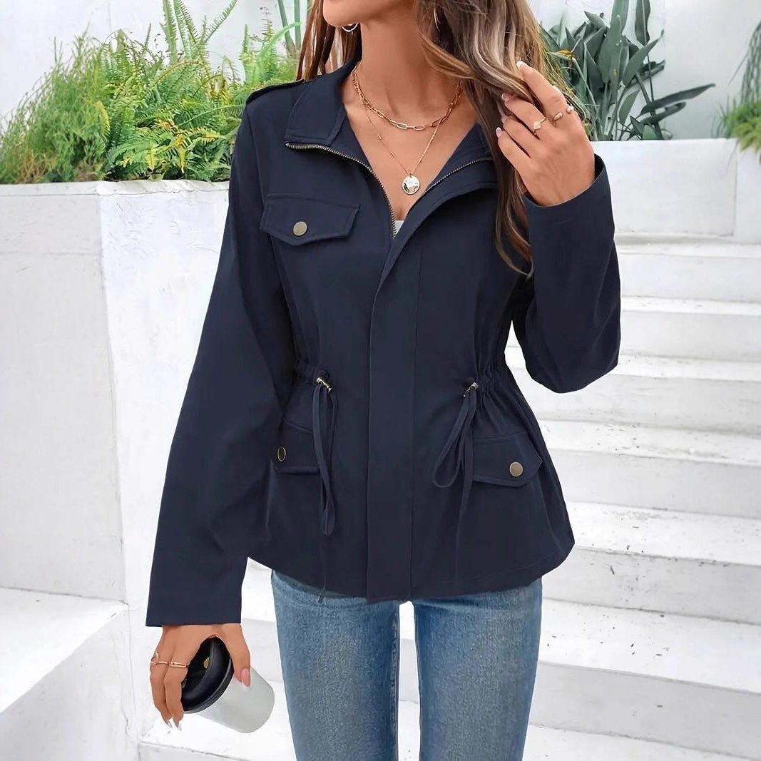 Belted Zip-Up Raincoat Jacket for Women