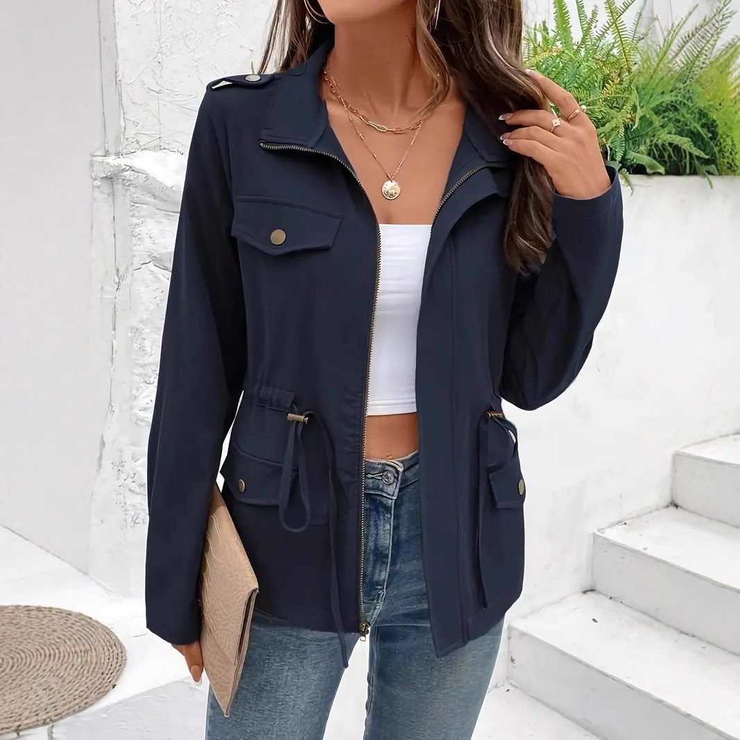 Belted Zip-Up Raincoat Jacket for Women
