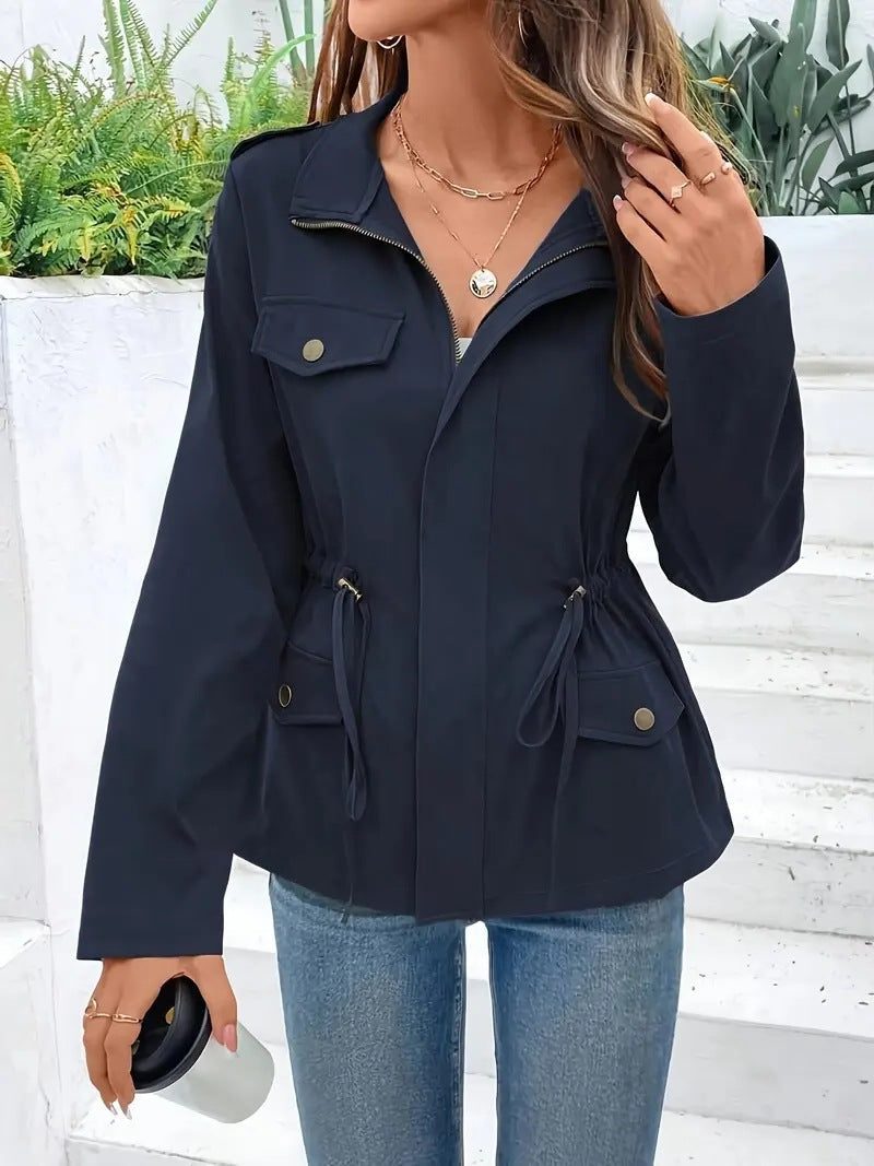 Belted Zip-Up Raincoat Jacket for Women - Blau