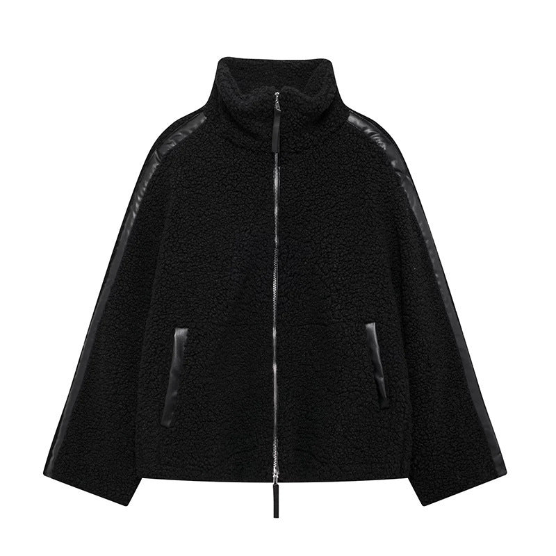 Teddy Zip Up Jacket with Stripe Detail for Women
