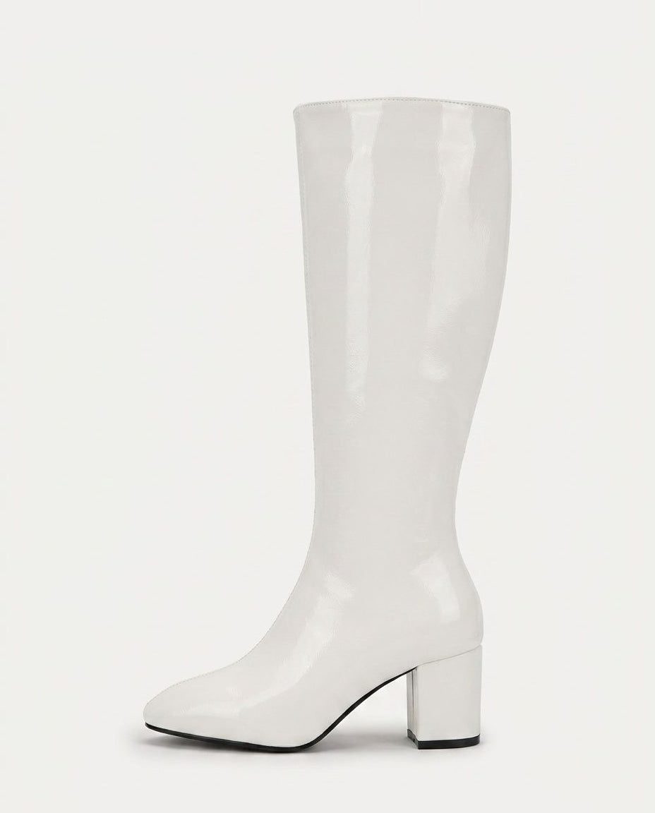 Block Heel Knee High Boots for Women - White