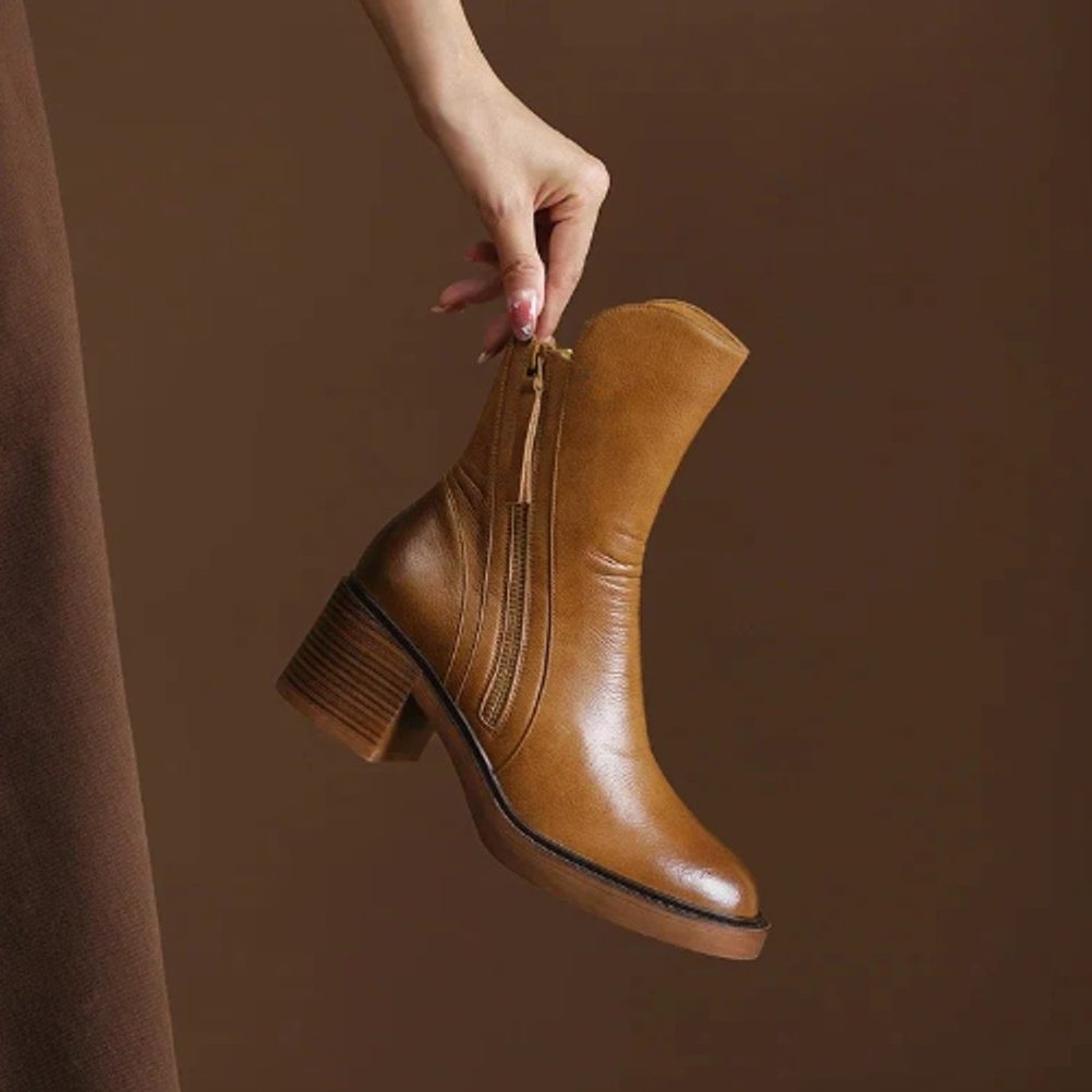 Block Heel Zip-Up Ankle Boots for Women