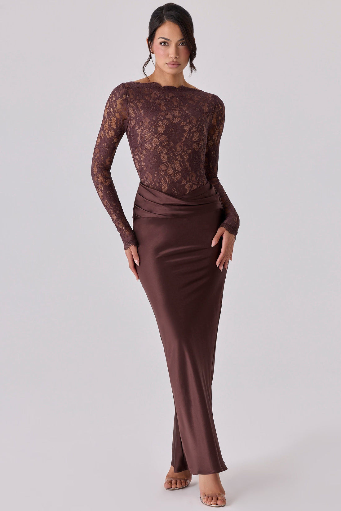 Boat Neck Long Sleeve Lace Maxi Dress for Women