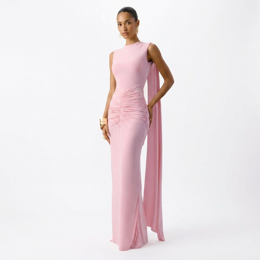 Boat-Neck Maxi Dress with Ruched Cape-Sleeves and Open Back for Women