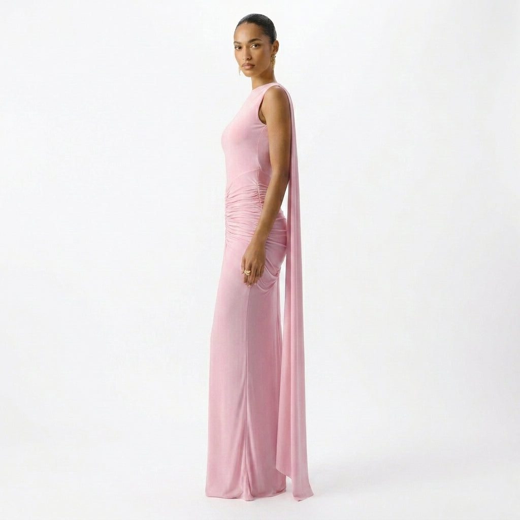 Boat-Neck Maxi Dress with Ruched Cape-Sleeves and Open Back for Women - View 2