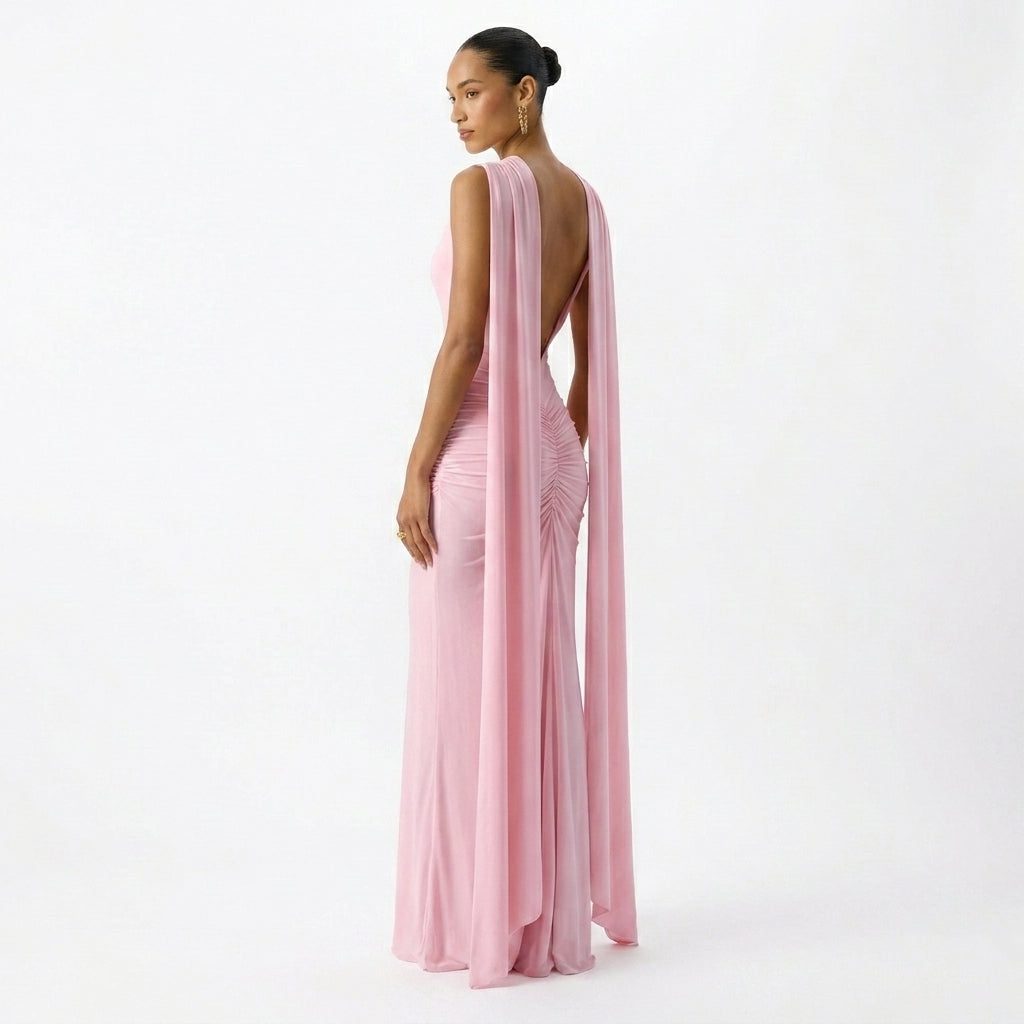 Boat-Neck Maxi Dress with Ruched Cape-Sleeves and Open Back for Women - View 3