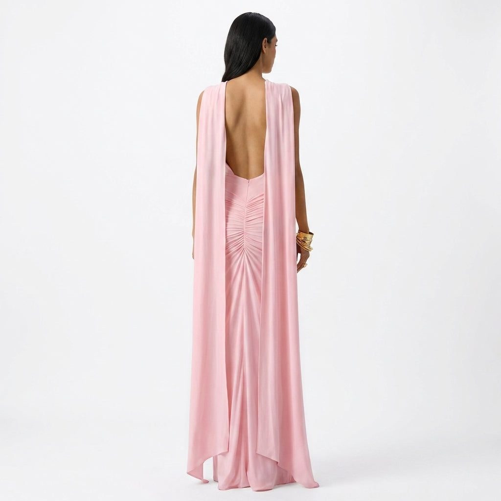 Boat-Neck Maxi Dress with Ruched Cape-Sleeves and Open Back for Women - View 4