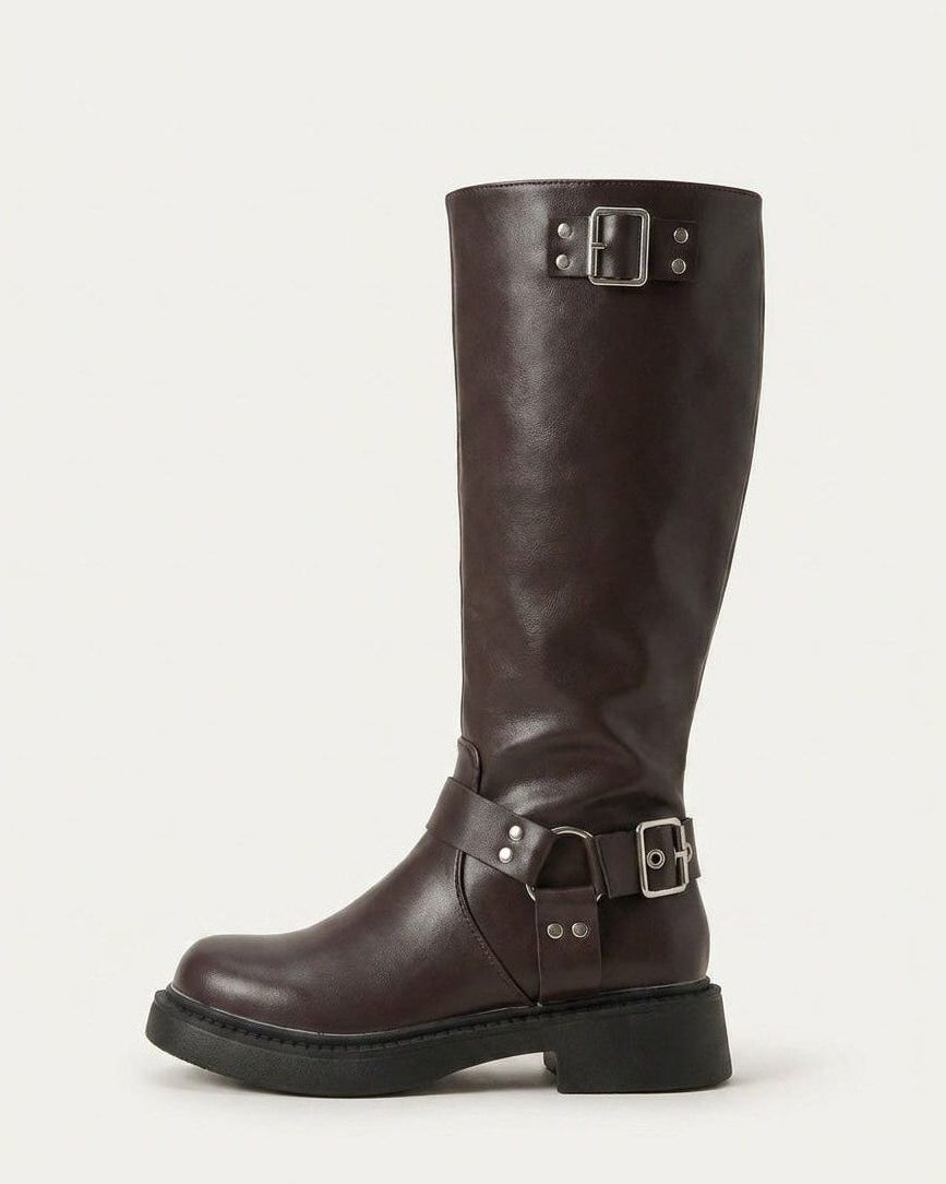 Buckle Harness Knee High Block Heel Boots for Women