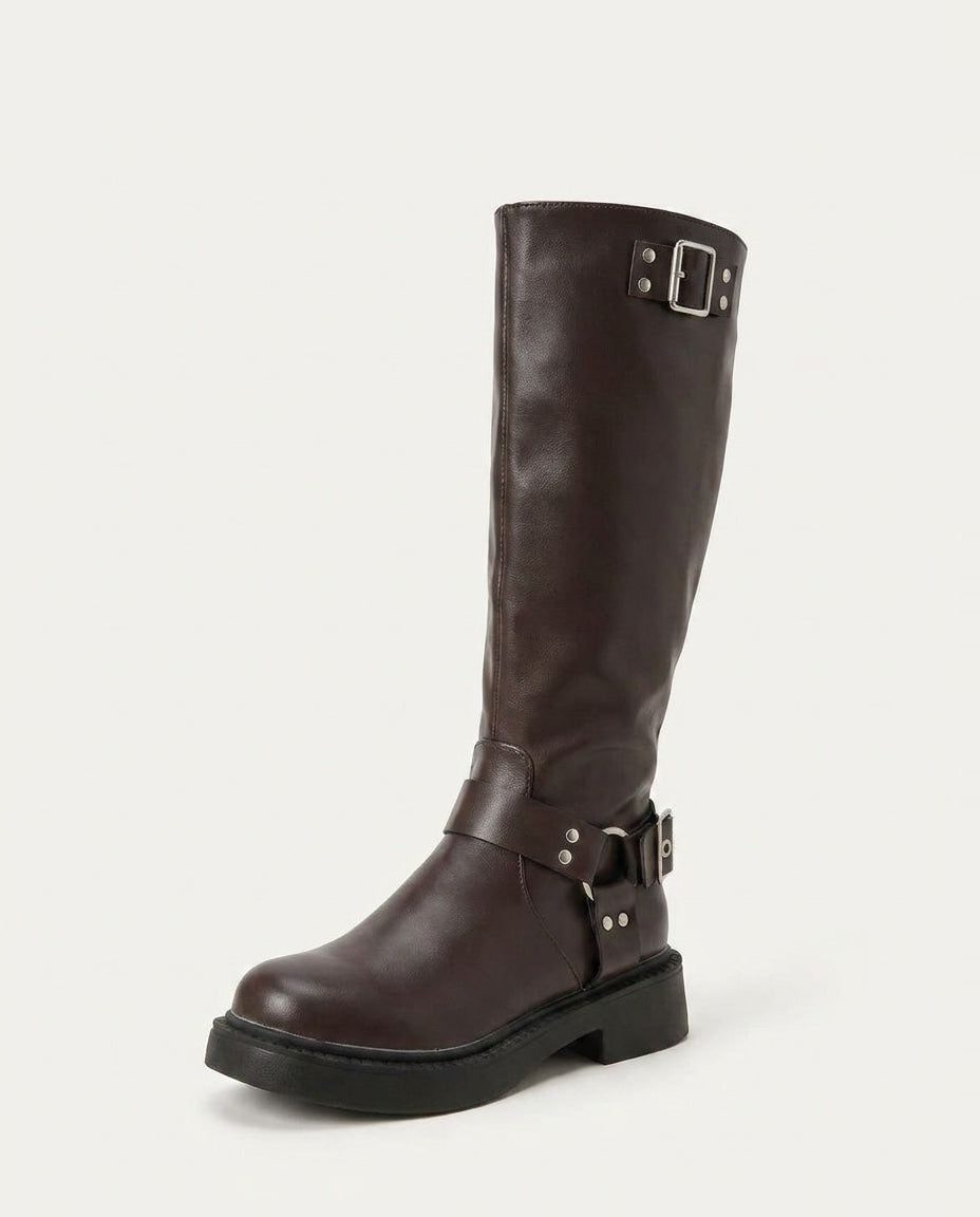 Buckle Harness Knee High Block Heel Boots for Women