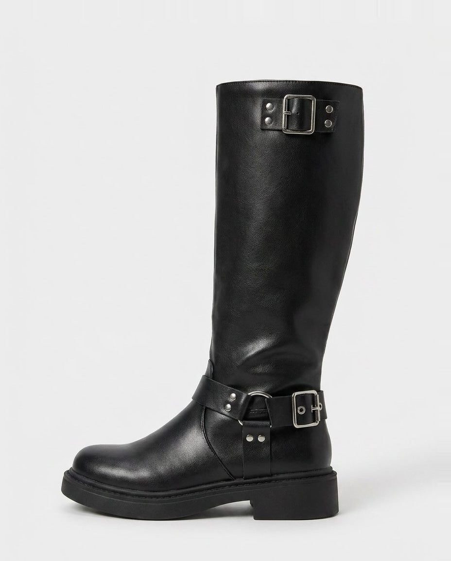 Buckle Harness Knee High Block Heel Boots for Women - Black