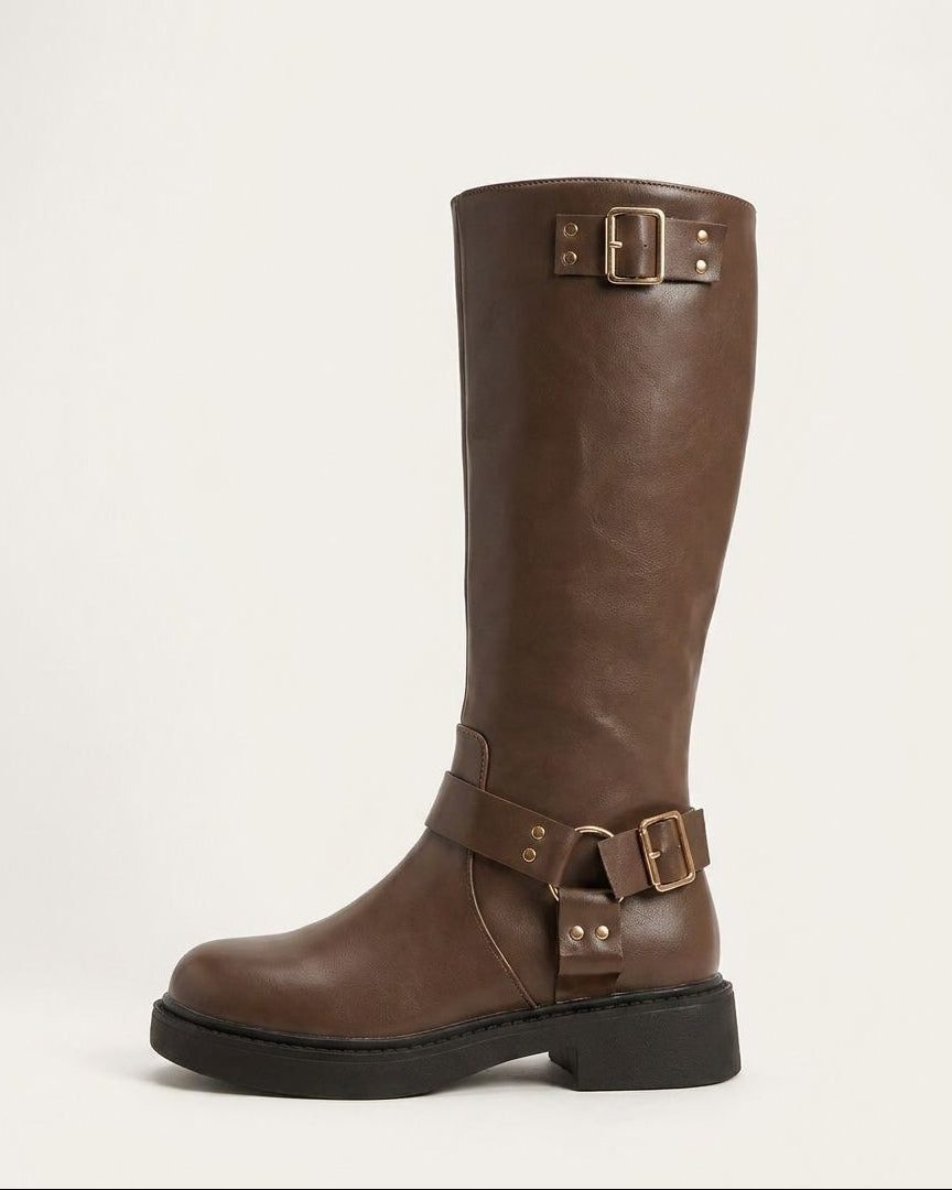 Buckle Harness Knee High Block Heel Boots for Women - Taupe
