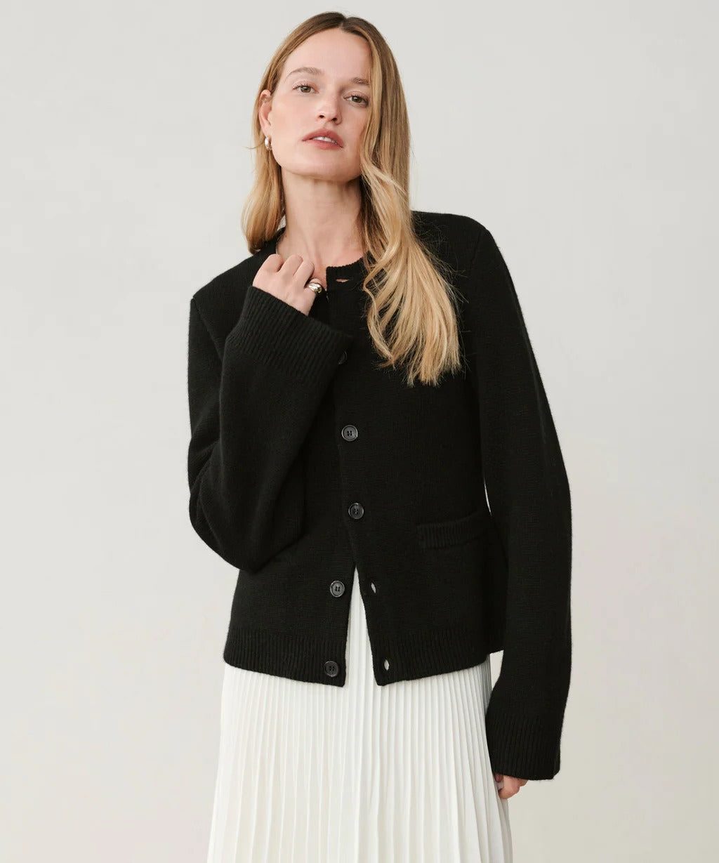 Button-Down Crew Neck Cardigan for Women - Black