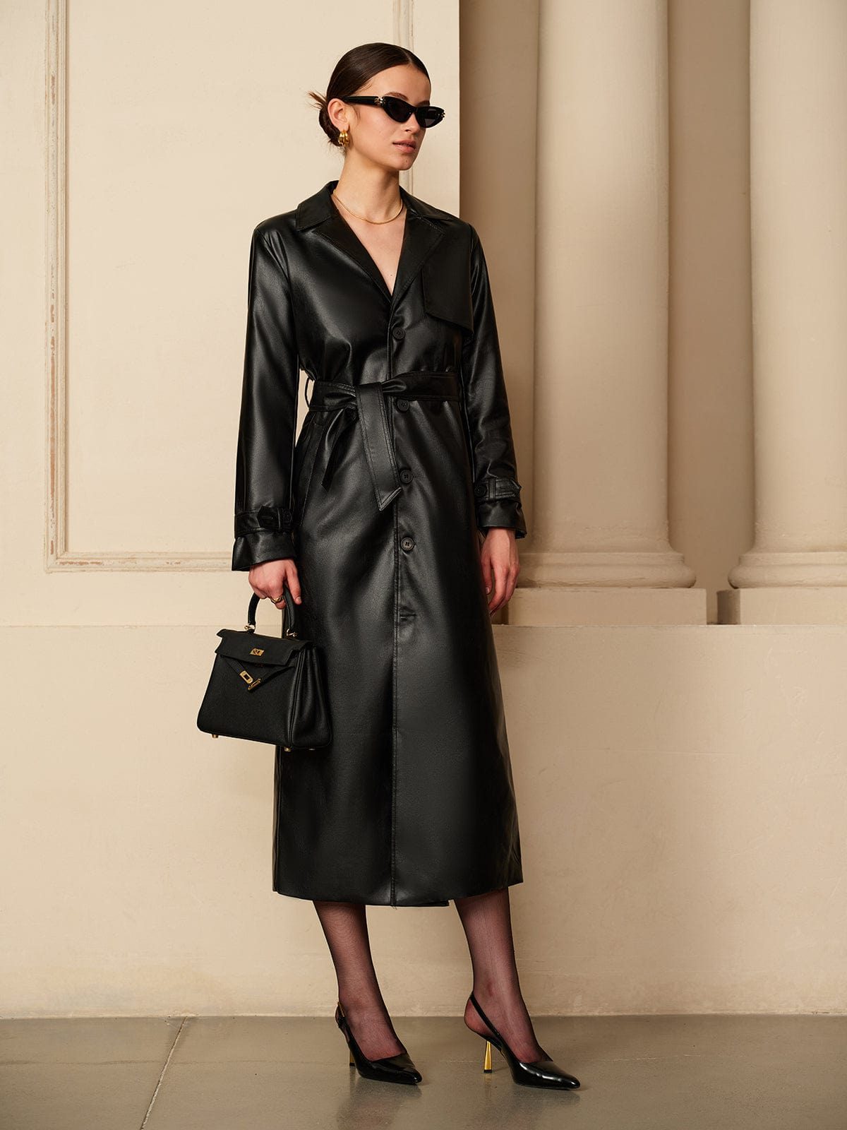Button-Down Leather Trench Coat for Women - Black