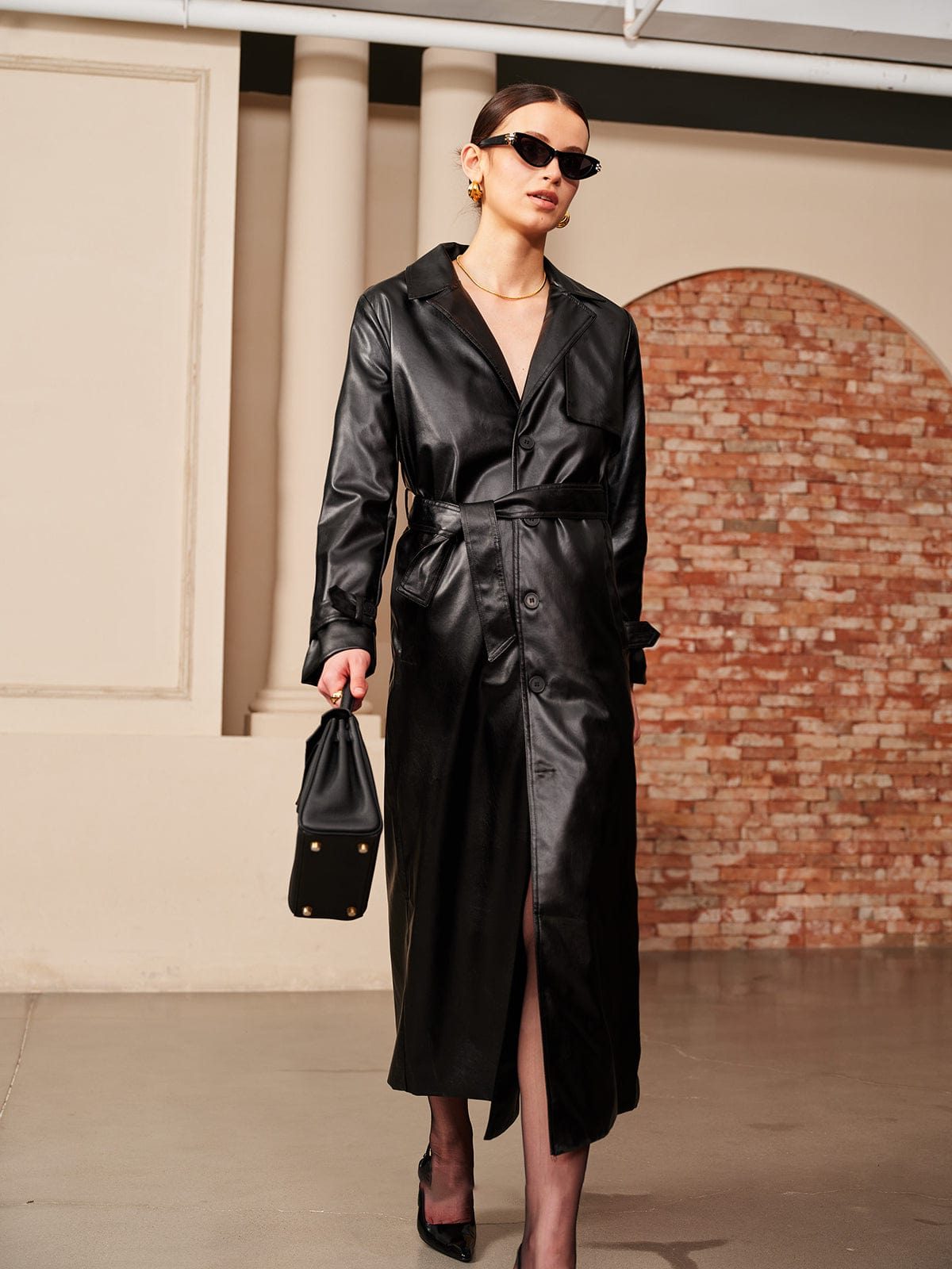 Button-Down Leather Trench Coat for Women