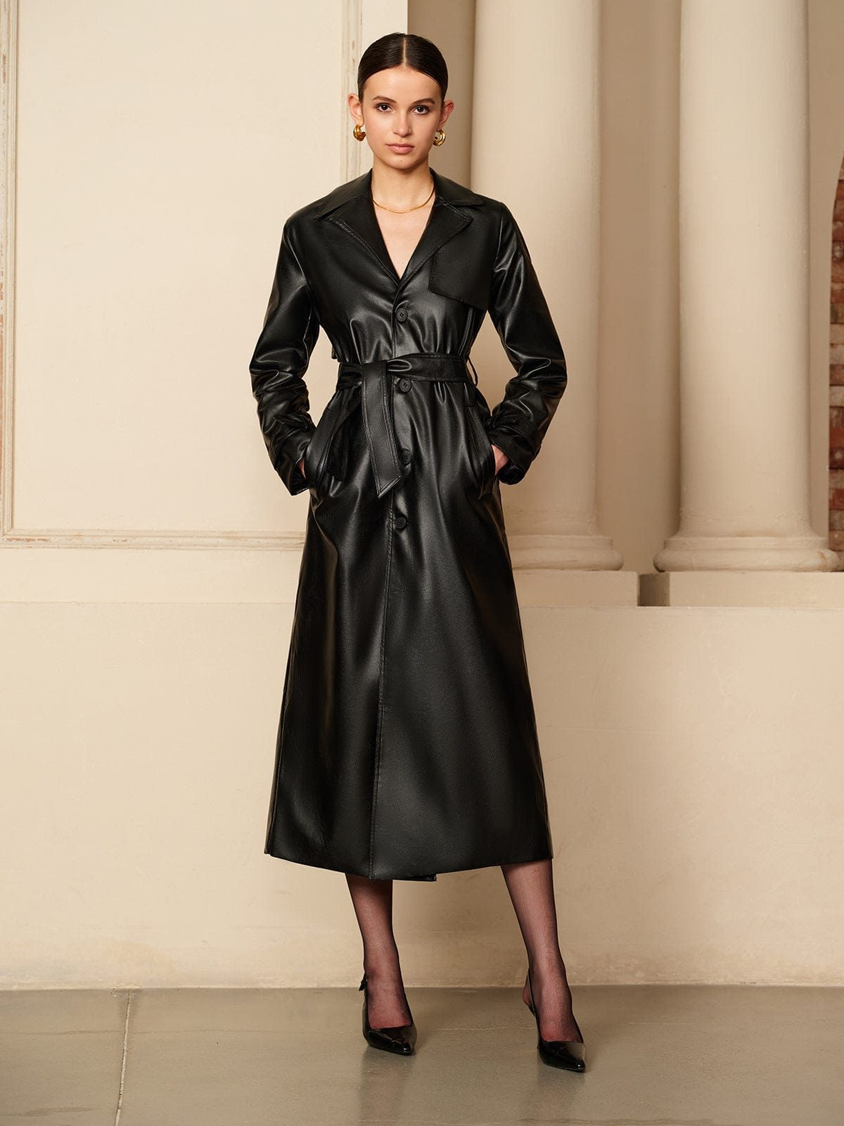 Button-Down Leather Trench Coat for Women - View 4