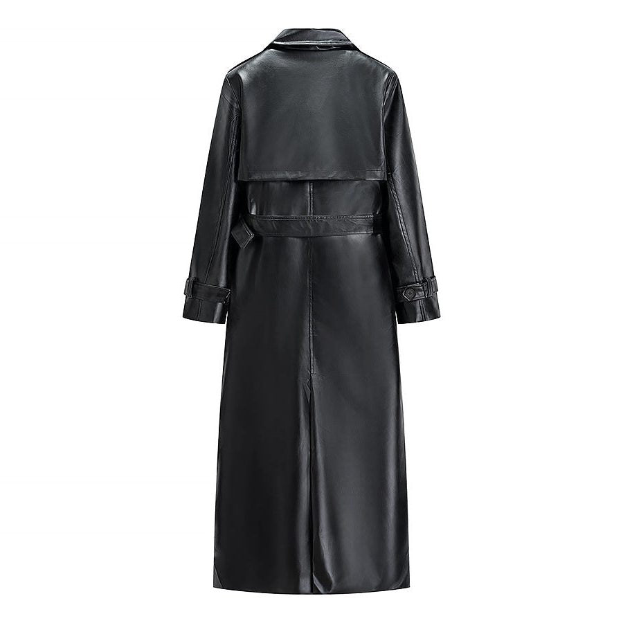 Button-Down Longline Leather Trench Coat for Women