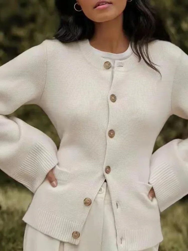Button-Front Crew Neck Jumper for Women