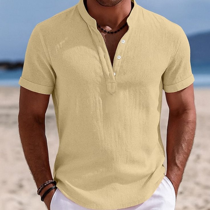 Button-Up Short Sleeve Shirt for Men - Yellow