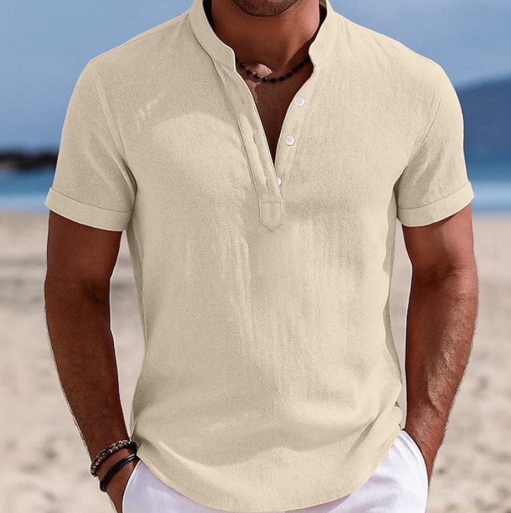 Button-Up Short Sleeve Shirt for Men - Beige