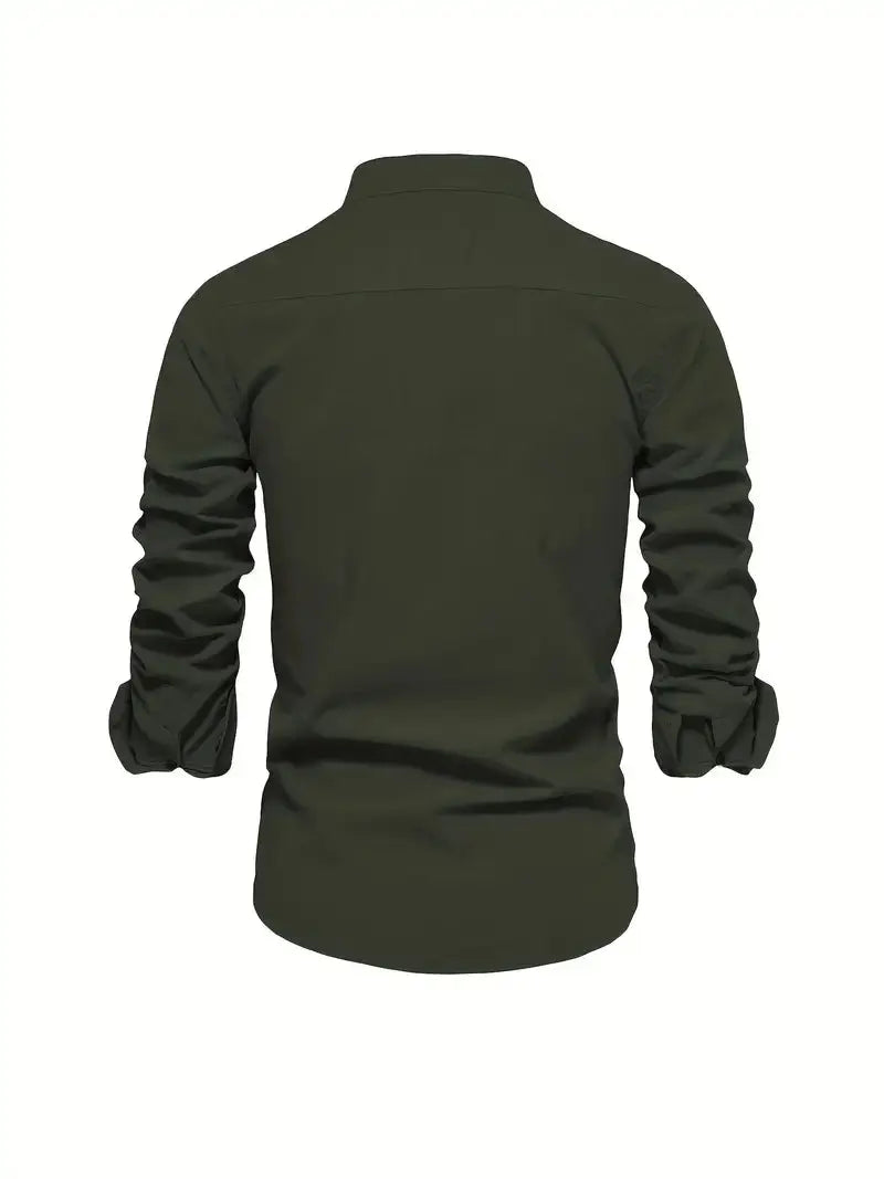 Long Sleeve Linen Shirt with Stand Collar for Men