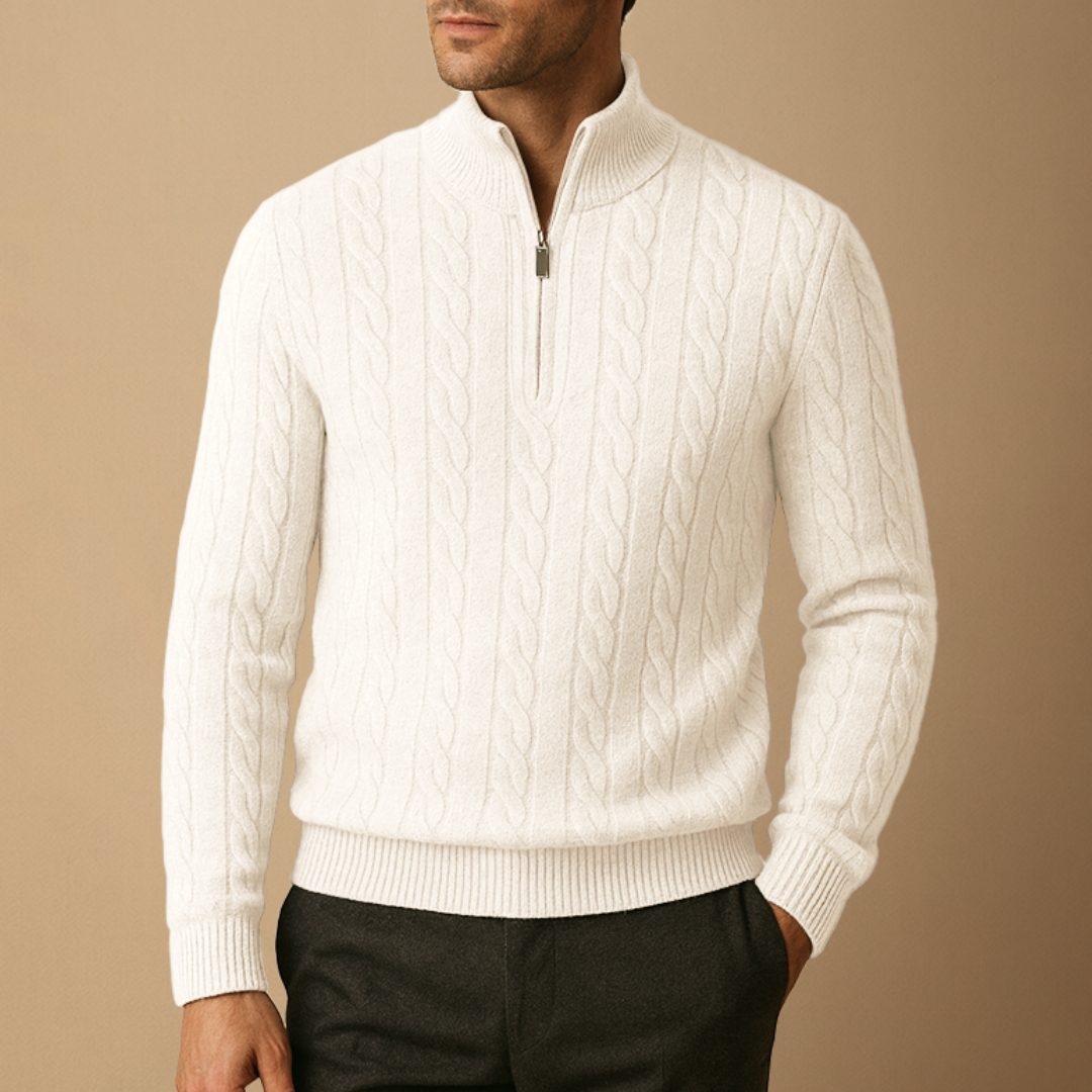 Cable Knit Half Zip Jumper for Men - Kawa beżowa