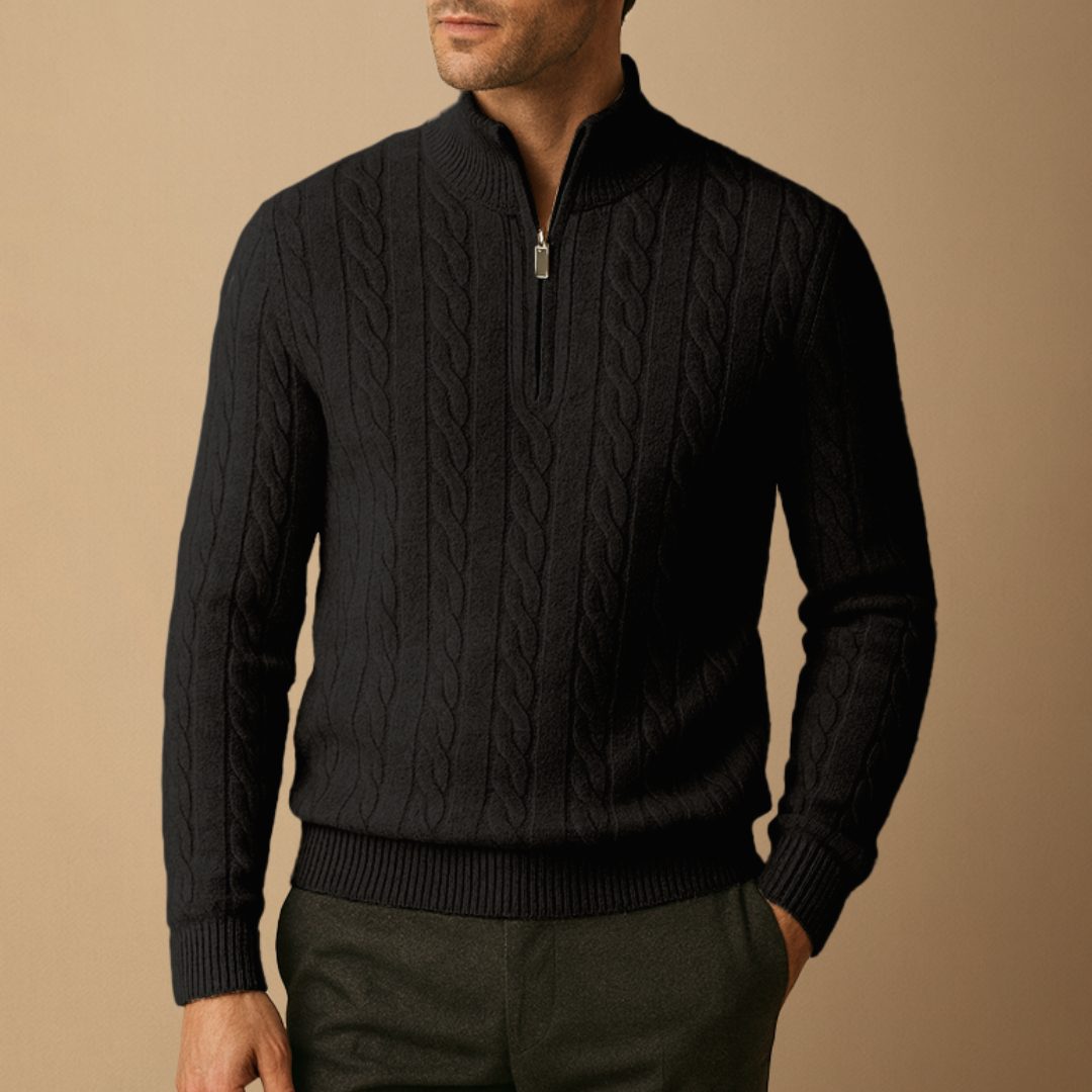 Cable Knit Half Zip Jumper for Men - Czarny