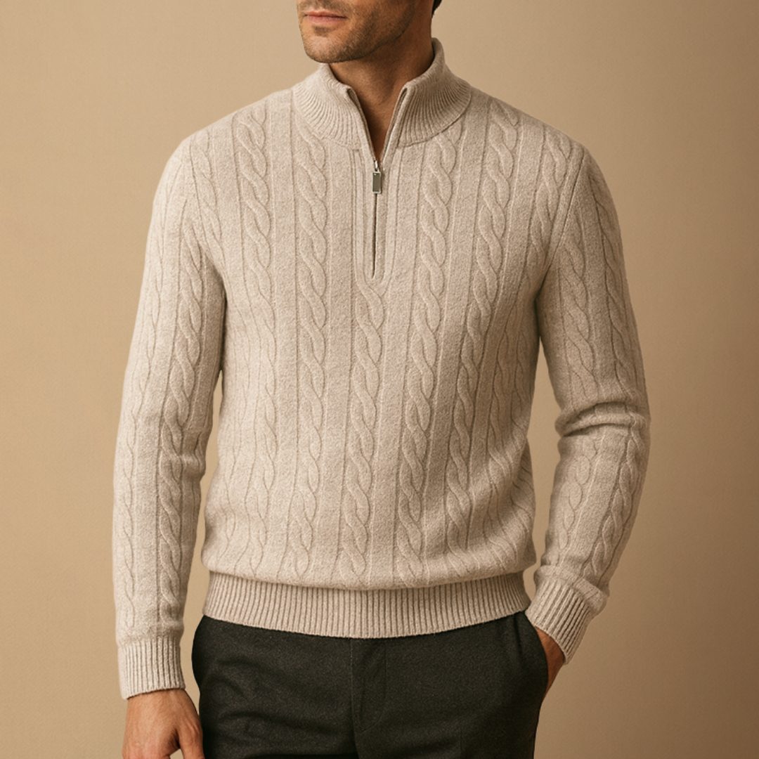 Cable Knit Half Zip Jumper for Men - Beżowy