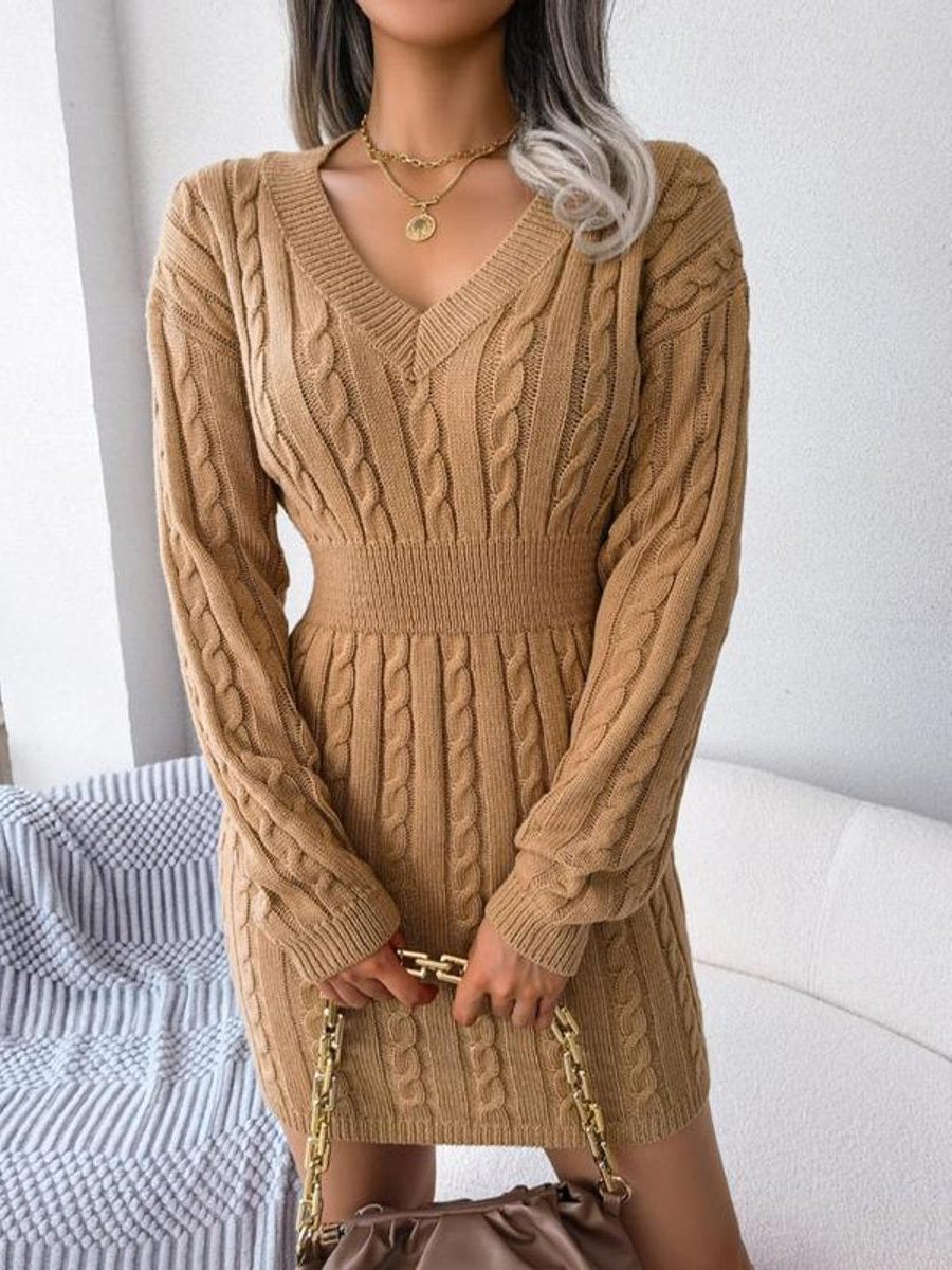 Cable-Knit V-Neck Formal Midi Dress for Women