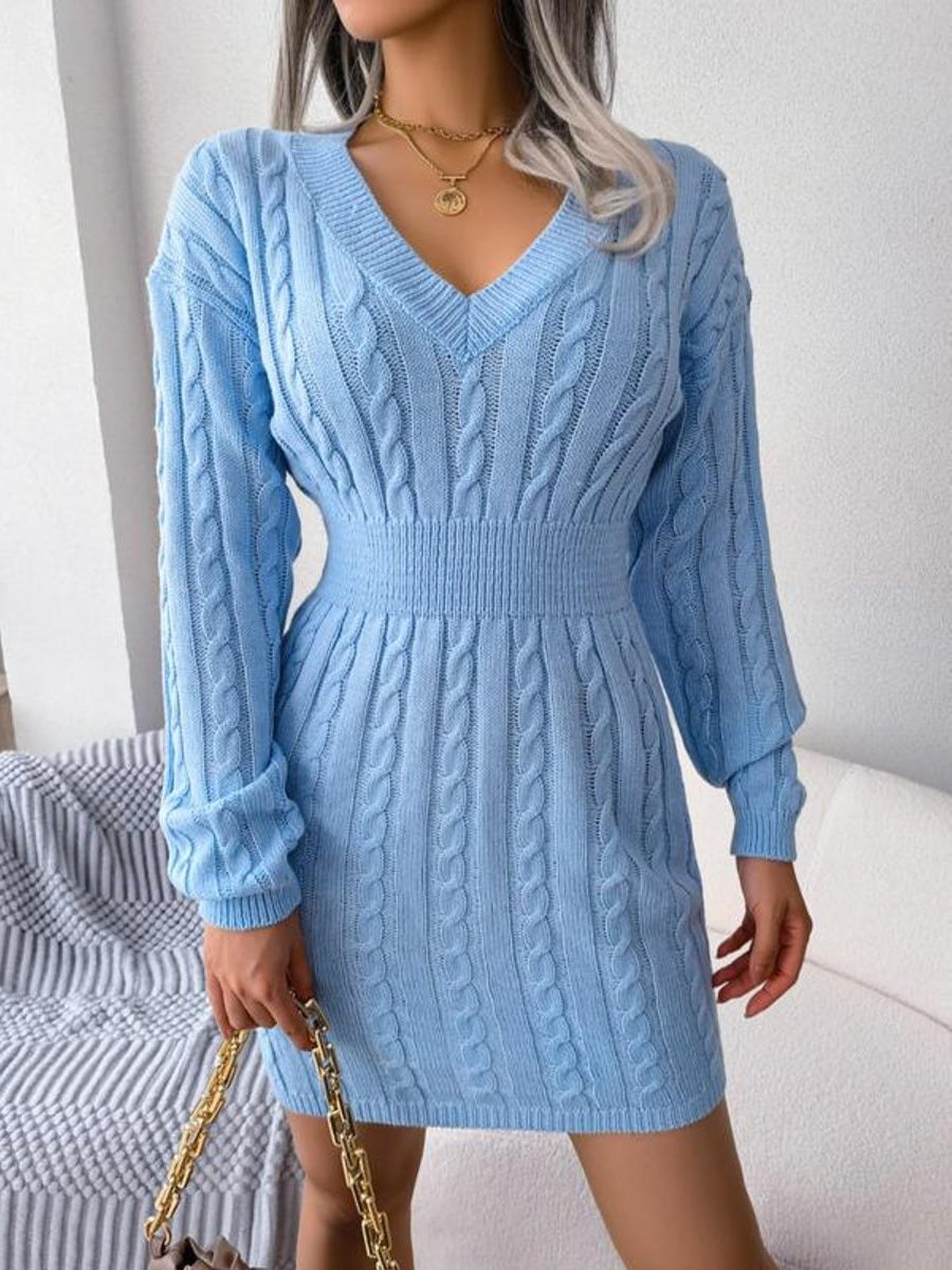 Cable-Knit V-Neck Formal Midi Dress for Women - Blue