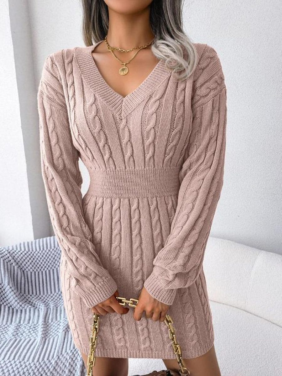 Cable-Knit V-Neck Formal Midi Dress for Women - Pink