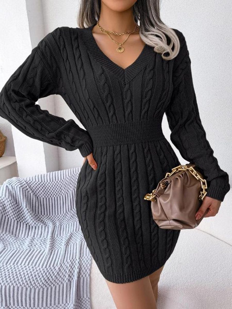 Cable-Knit V-Neck Formal Midi Dress for Women - Black