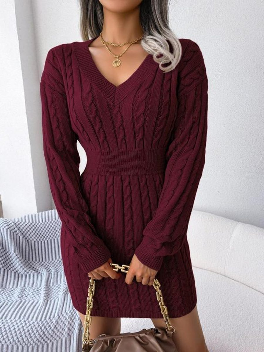 Cable-Knit V-Neck Formal Midi Dress for Women - Burgundy