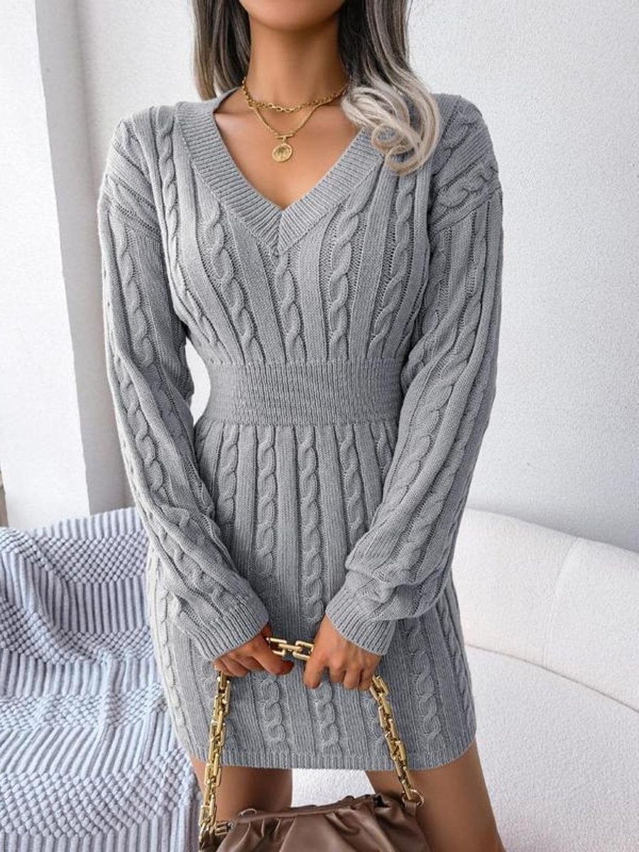 Cable-Knit V-Neck Formal Midi Dress for Women - Grey