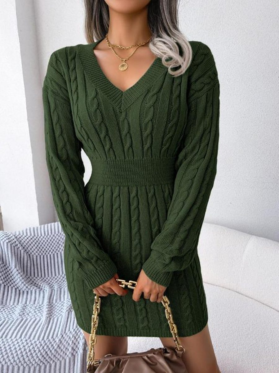 Cable-Knit V-Neck Formal Midi Dress for Women - Army Green