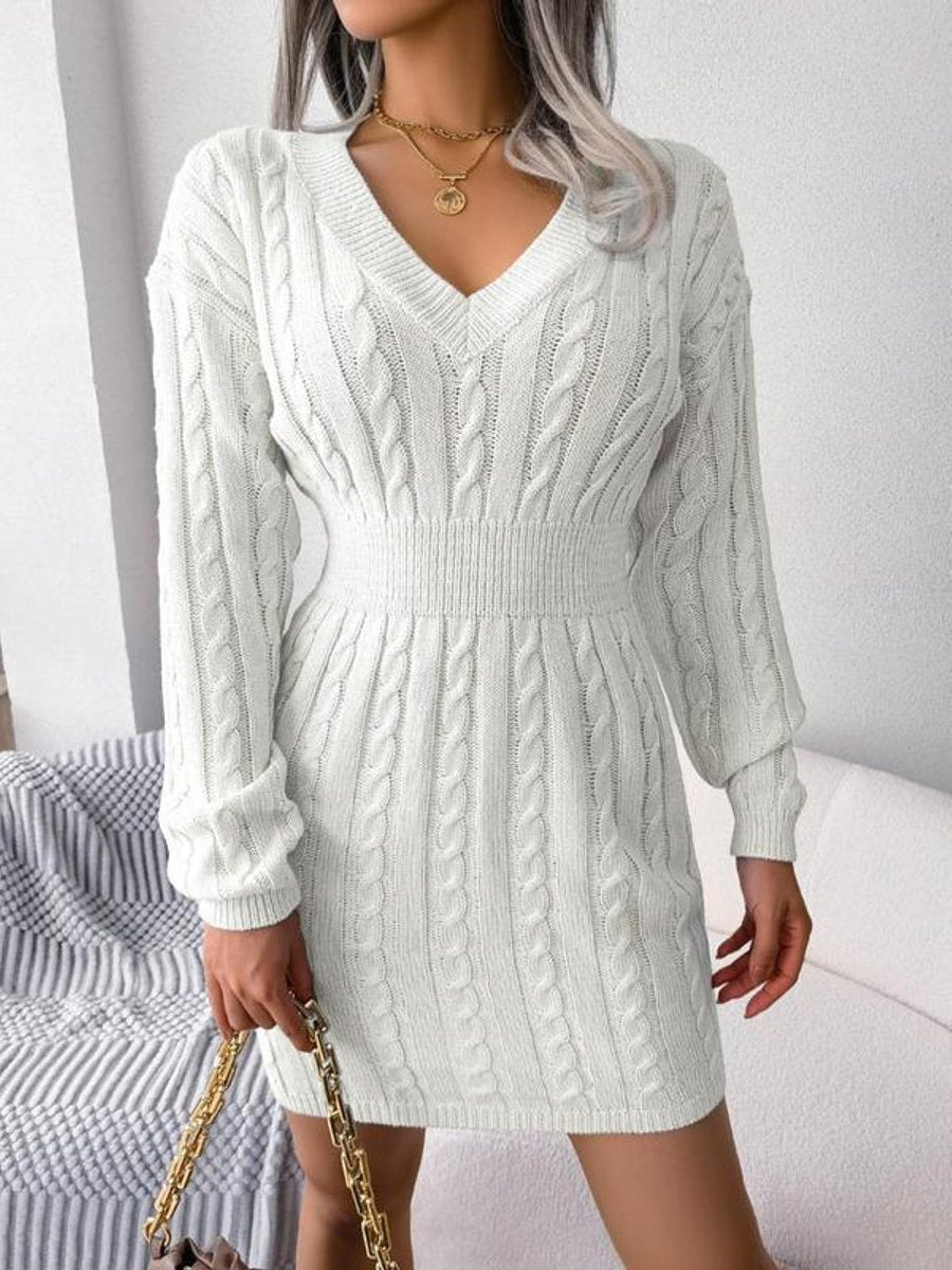 Cable-Knit V-Neck Formal Midi Dress for Women - Off White