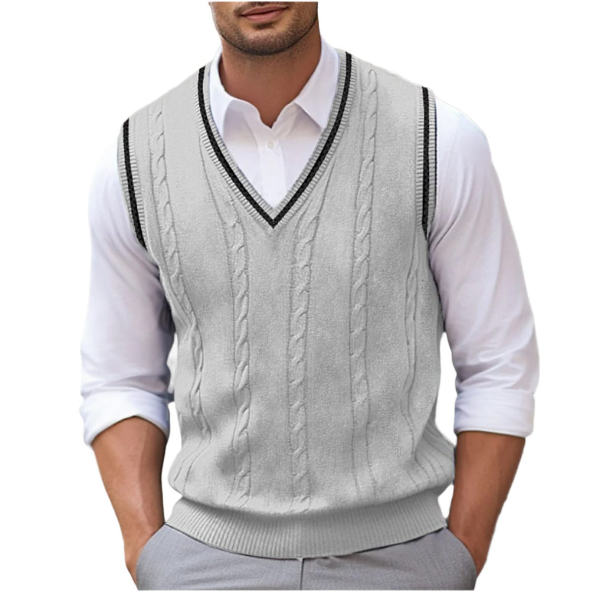 Cable Knit V-Neck Sleeveless Sweater Vest for Men - Light Grey