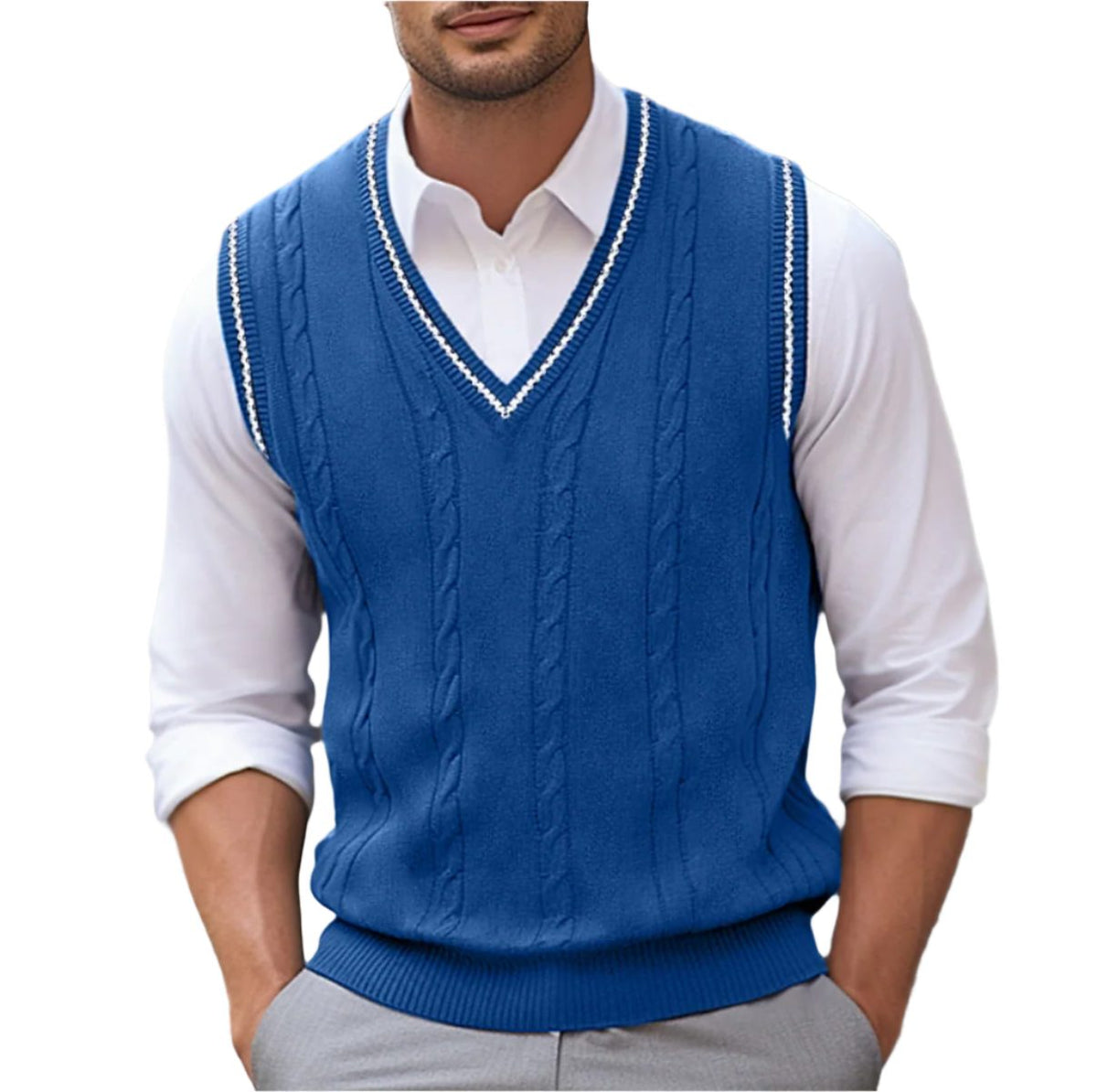Cable Knit V-Neck Sleeveless Sweater Vest for Men - Blue