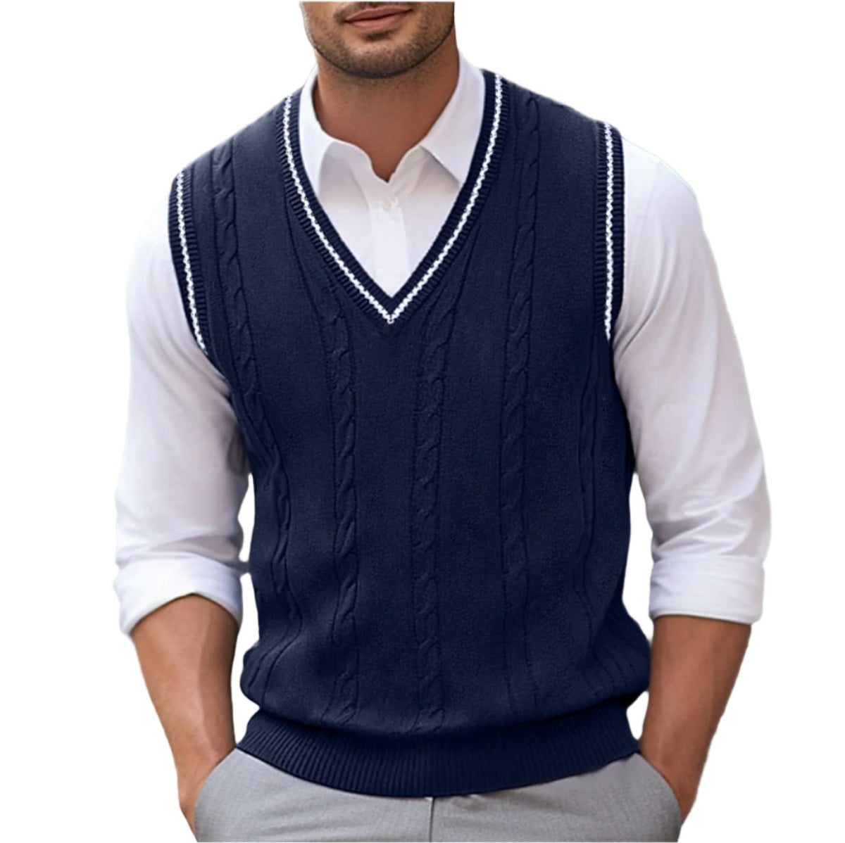 Cable Knit V-Neck Sleeveless Sweater Vest for Men - Dark Blue