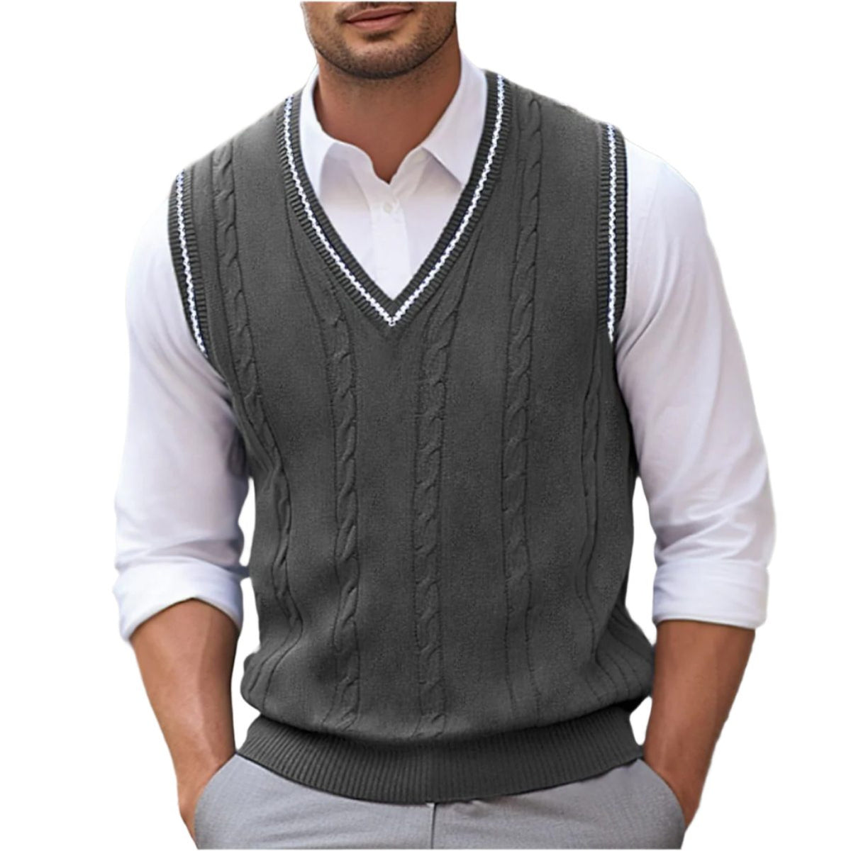 Cable Knit V-Neck Sleeveless Sweater Vest for Men - Dark Grey