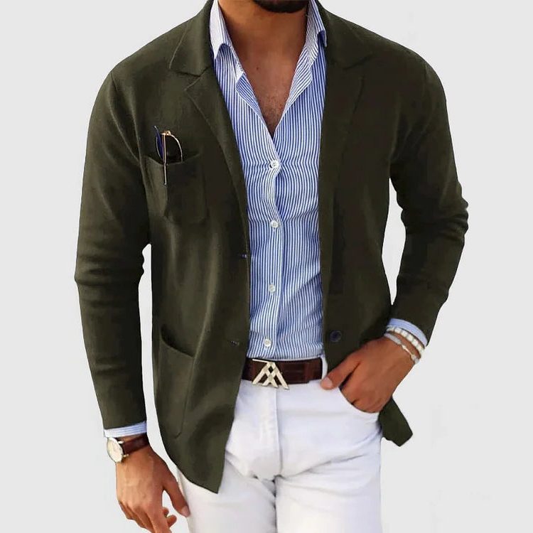 Casual Cotton Blazer with Notch Lapels for Men - Army green