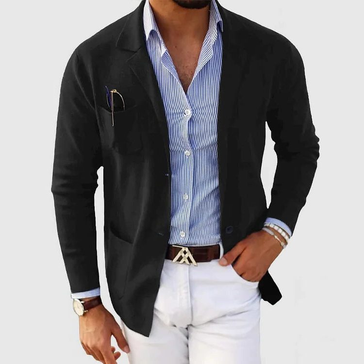 Casual Cotton Blazer with Notch Lapels for Men - Black