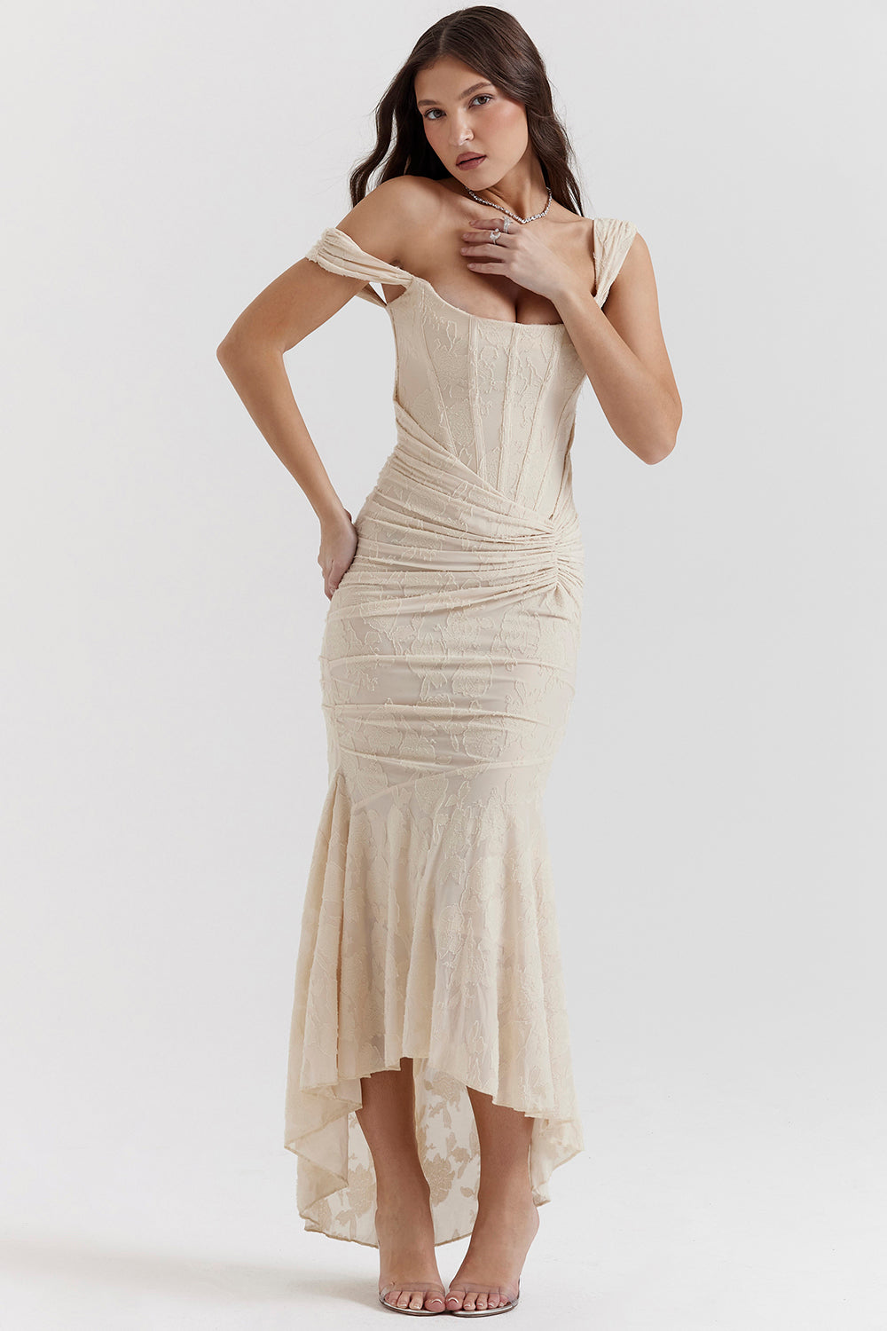 Ruched Lace Maxi Dress Wedding Guest for Women