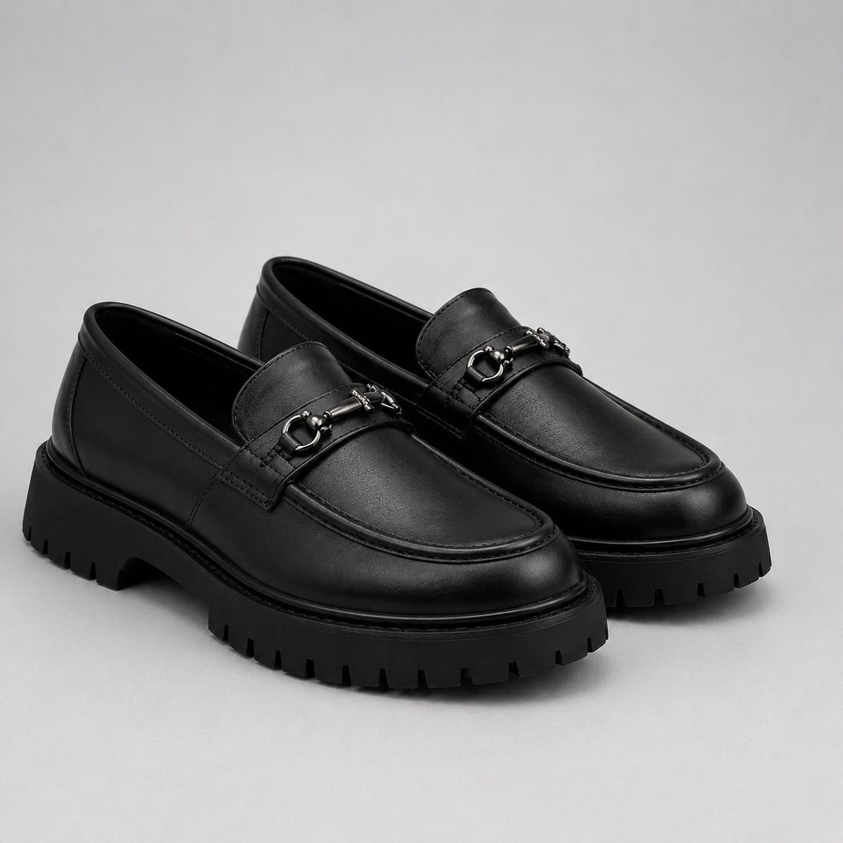 Chunky Sole Loafers with Hardware Detail for Men - Matt Black