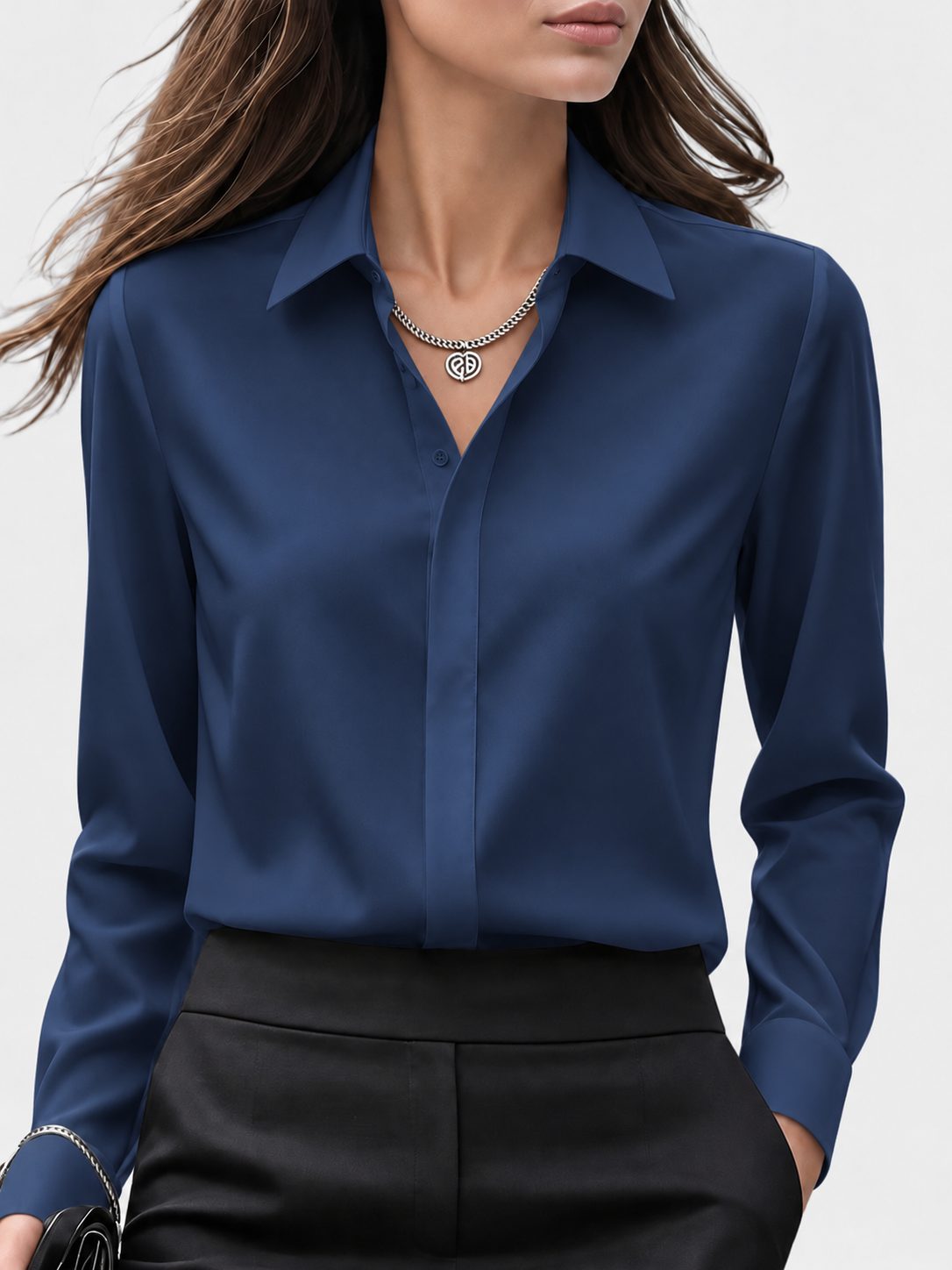 Collared Button-Down Blouse with Long Sleeves for Women