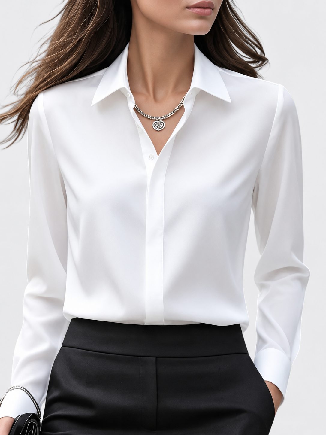 Collared Button-Down Blouse with Long Sleeves for Women